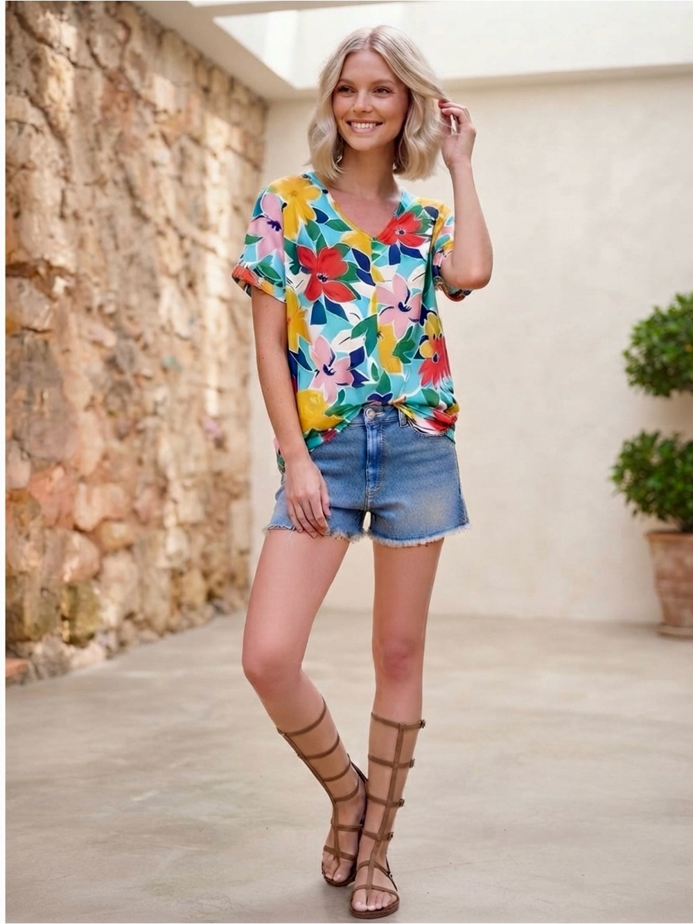 HAPTICS Teal Coral Floral V Neck Top Super Soft Blouse Short Sleeve New 2XL